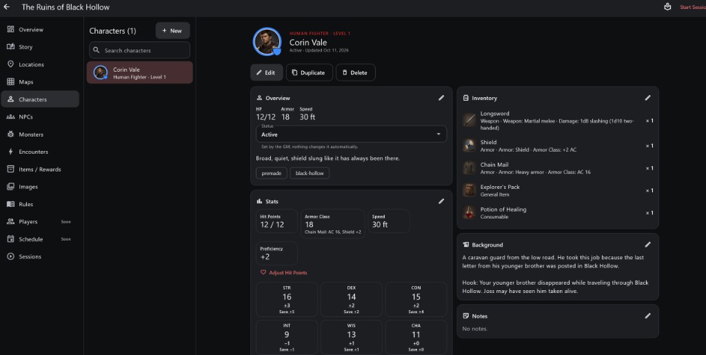 The character page for Corin Vale, a level 1 Human Fighter: the character list, Overview, Stats, Inventory and Background.