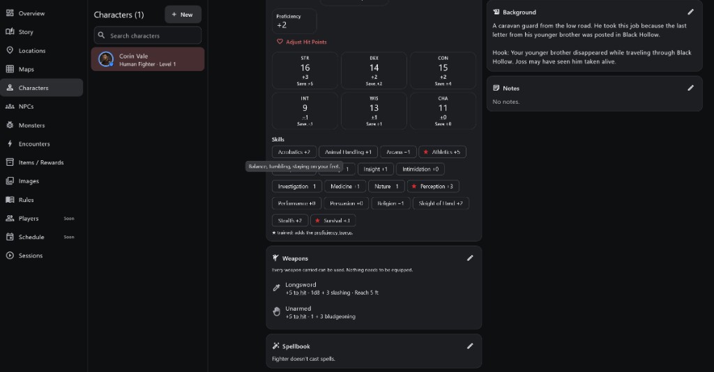 The same character page scrolled down: Adjust Hit Points, the skill list with trained skills starred, Weapons and Spellbook.