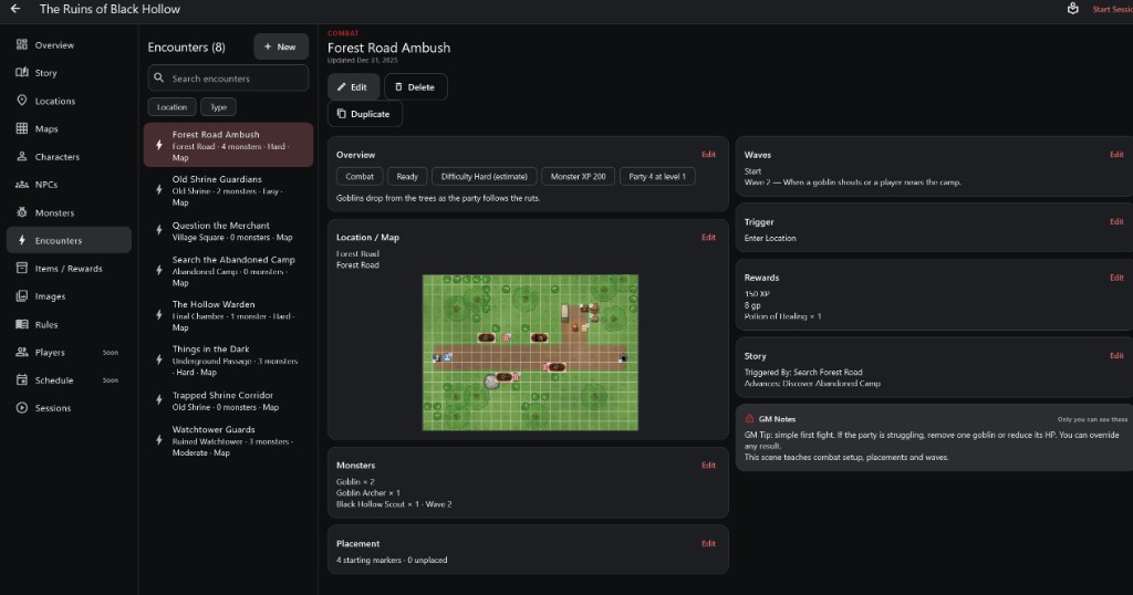 The Forest Road Ambush encounter: the encounter list, Overview, its map with monster markers, Monsters and Placement.