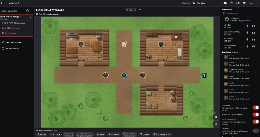 The GM's session screen in Black Hollow Village during Free Play: Active Locations on the left, the map in the middle, action buttons below and GM controls on the right.