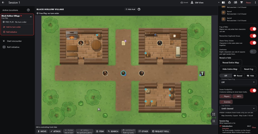 The GM's session screen with the right panel scrolled down to the Fog of War switches, reveal and hide tools, Preview Player Fog, Snow Footprints and the Session log.