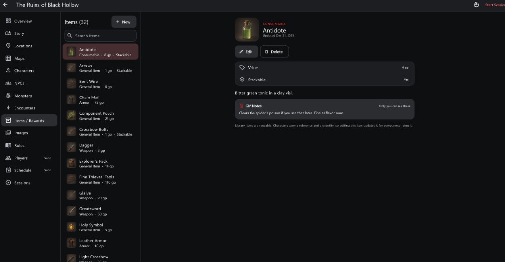 The Items / Rewards library with the Antidote selected: its type, value, whether it stacks, and GM Notes.