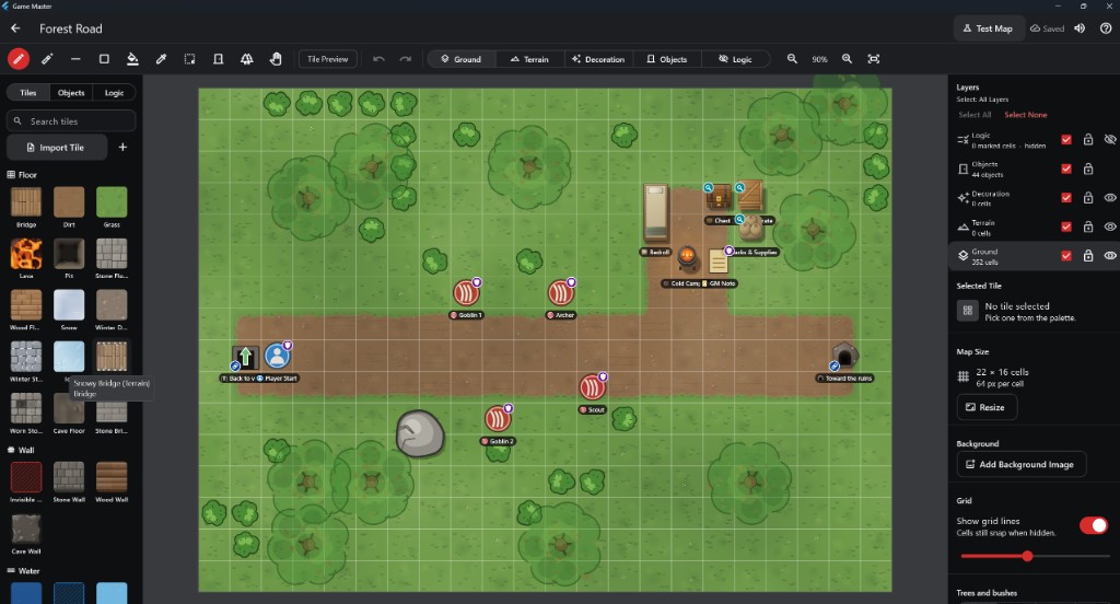 The Map Maker editing the Forest Road map: tile palette on the left, tools and layer bar on top, the map in the middle and the Layers panel on the right.