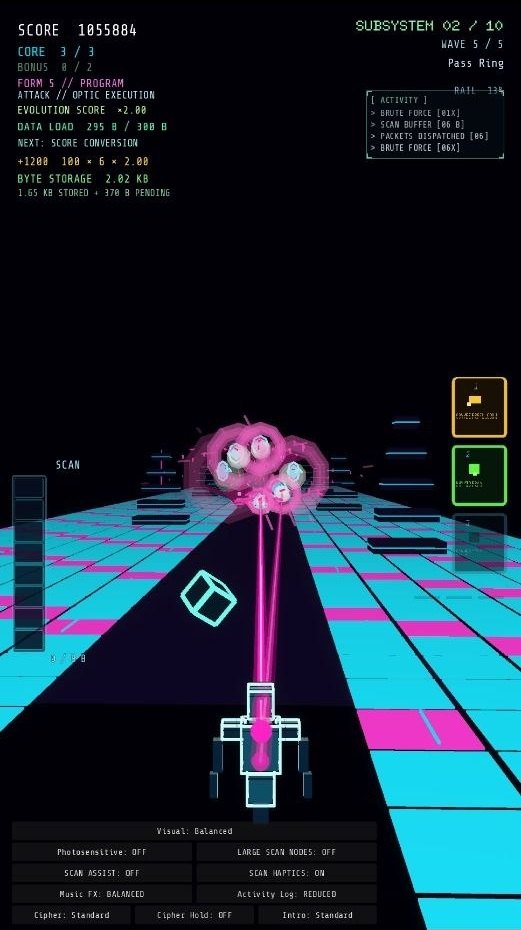 Vector//8 gameplay showing SIGNAL scanning and firing a magenta volley